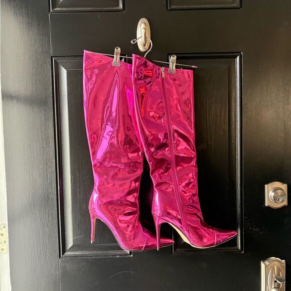 Metallic Pink Patent Leather Tall Stiletto Boots Size 9.5 - Picture 2 of 14